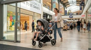 An illustration of a single-to-double stroller for close-in-age siblings navigating a busy American shopping mall entrance.