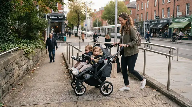 A commuter navigating a modern transit station ramp with a single-to-double stroller for close-in-age siblings.
