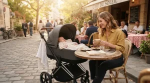 A compact single-to-double stroller for growing families tucked neatly beside an outdoor cafe table.