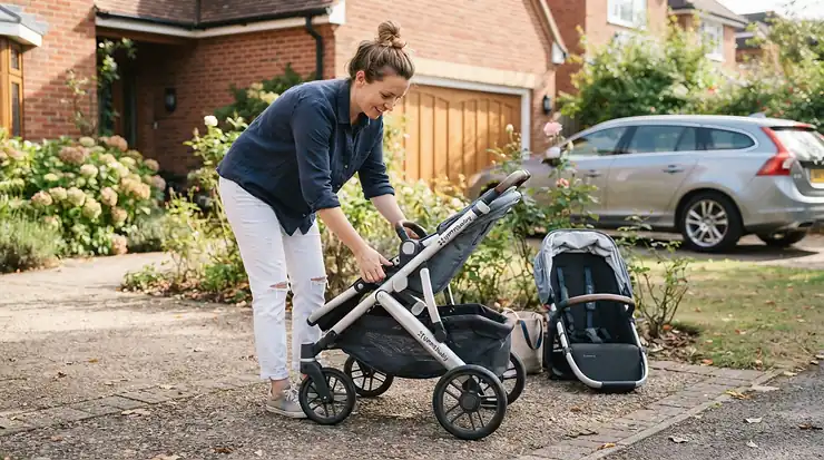 A parent demonstrating how to fold a single-to-double stroller for growing families in a driveway.