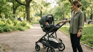 An infant car seat attached to a single-to-double stroller for growing families on a paved trail.