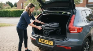 Lifting a folded single-to-double stroller for growing families into the cargo area of a family SUV.