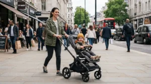 A parent navigating a busy city sidewalk with a versatile single-to-double stroller for growing families.
