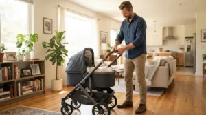 A tall parent adjusting the handlebar height of a versatile single-to-double stroller under $300.