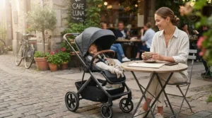 A compact single-to-double stroller under $300 parked neatly beside an outdoor cafe table.