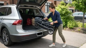 A parent lifting a folded single-to-double stroller under $300 into the trunk of a crossover SUV.