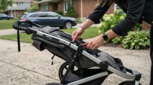 Close-up view of hands folding a compact single-to-double stroller under $300 in a suburban driveway.