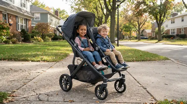 Two siblings riding comfortably in a budget-friendly single-to-double stroller under $300 on a suburban sidewalk.