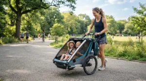 A smiling parent pushing a single-to-double stroller under $300 along a paved park path on a sunny afternoon.