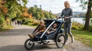 An affordable single-to-double stroller under $300 configured with two seats for a toddler and an infant.