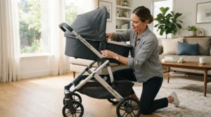 A parent assembling a stroller expansion kit onto a single-to-double stroller with add-on seat at home.