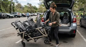 Demonstrating the compact fold of a single-to-double stroller with add-on seat in a driveway.