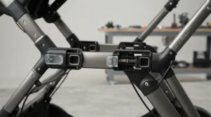 An illustration showing attachment point compatibility on a single-to-double stroller with add-on seat.