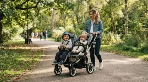 A modern single-to-double stroller with add-on seat parked on a sunny paved path in a city park.