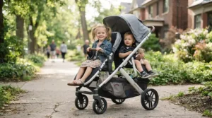 Two toddlers riding comfortably in a sturdy single-to-double stroller with add-on seat tested for weight capacity.