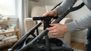 Demonstrating the dual adapter bar on a twin jogging stroller for infant twins.