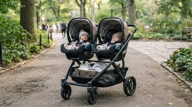 Close-up of infant car seats securely attached to a twin jogging stroller for infant twins.
