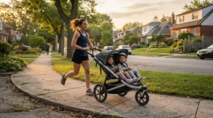 Morning jog through a suburban neighborhood using a twin jogging stroller for infant twins.