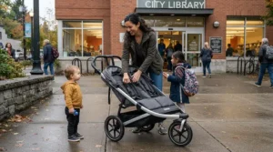 A mother folding a twin jogging stroller for infant twins outside a modern clinic.