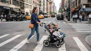 Navigating a downtown crosswalk with a sleek twin jogging stroller for infant twins.