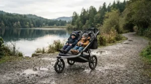 A budget all-terrain twin jogging stroller under $450 navigating a packed gravel trail.