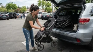 A parent folding a twin jogging stroller under $450 to put into the trunk of a car.