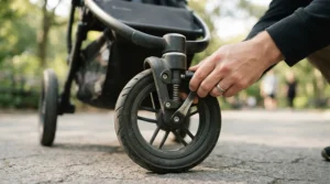Close-up of a twin jogging stroller under $450 showing the front swivel wheel locked for a fast run.