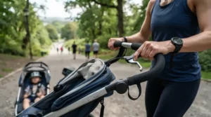 A runner using the hand brake on a twin jogging stroller under $450 while descending a slope.