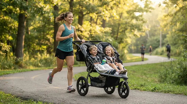 A parent pushing a twin jogging stroller under $450 along a paved park path on a sunny morning.