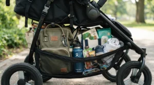 The large storage basket of a twin jogging stroller under $450 loaded with diaper bags and jackets.